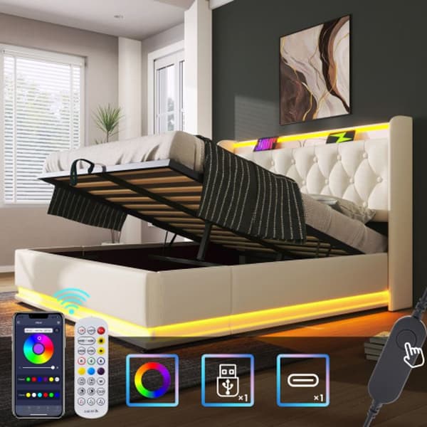 Vadderad dubbelsäng med LED 360 wrap-around, 140*200cm, vitt PU-material, vadderad sänggavel med USBType-C (med madrass)
