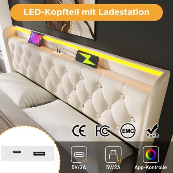 Vadderad dubbelsäng med LED 360 wrap-around, 140*200cm, vitt PU-material, vadderad sänggavel med USBType-C (med madrass)