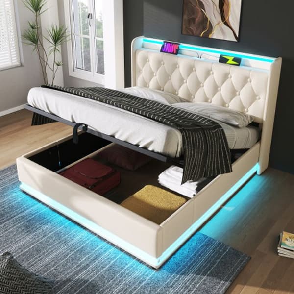 Vadderad dubbelsäng med LED 360 wrap-around, 140*200cm, vitt PU-material, vadderad sänggavel med USBType-C (med madrass)