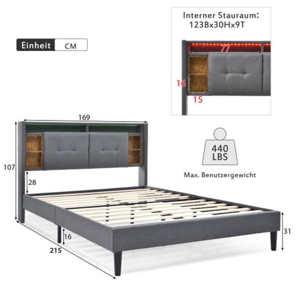 Klädd säng Dubbelsäng med USB-laddare och LED-gavel Lamellbotten, 160*200CM Grå (utan madrass)