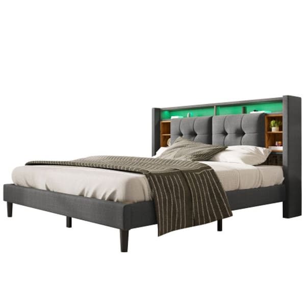 Klädd säng Dubbelsäng med USB-laddare och LED-gavel Lamellbotten, 160*200CM Grå (utan madrass)