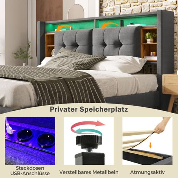 Klädd säng Dubbelsäng med USB-laddare och LED-gavel Lamellbotten, 160*200CM Grå (utan madrass)