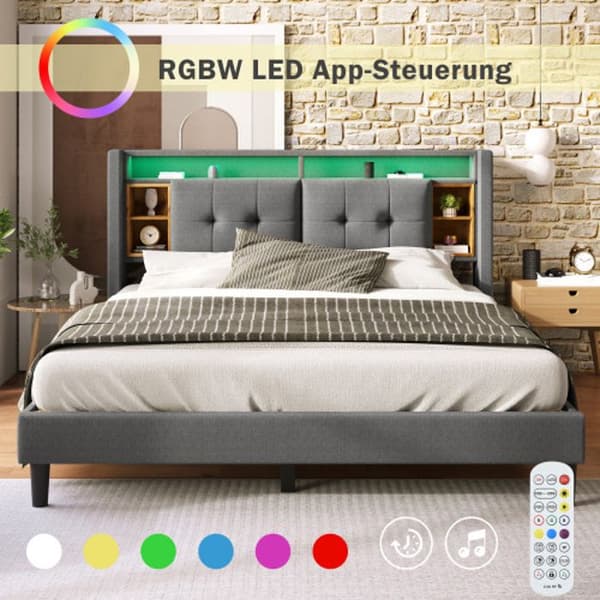 Klädd förvaringssäng med USB-laddare och LED-belysning Träribbor, 140*200CM Grå (med madrass)