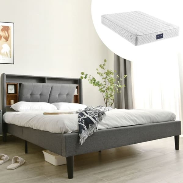 Klädd förvaringssäng med USB-laddare och LED-belysning Träribbor, 140*200CM Grå (med madrass)