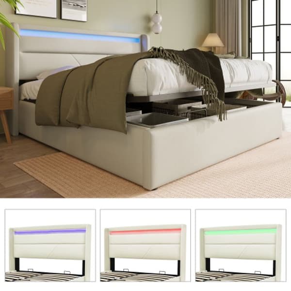 Hydraulisk förvaringssäng med LED-ljusstång, sängram 160x200 cm Stoppad säng, vit (med madrass)