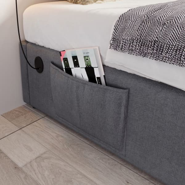 Klädd enkelsäng 90 x 200 cm, USB-C, komplett lamellbotten utan sänggavel, bomull, grå.