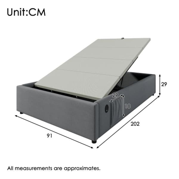 Klädd enkelsäng 90 x 200 cm, USB-C, komplett lamellbotten utan sänggavel, bomull, grå.