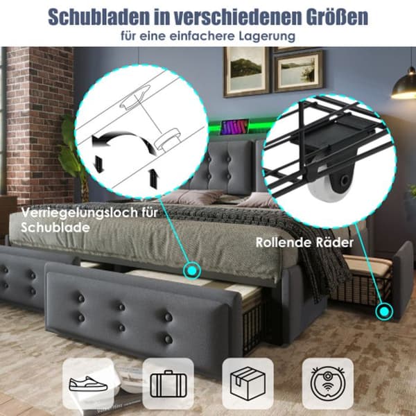 Klädd säng 140x200 med LED sänggavel och USB C laddningsfunktion och 4 lådor, förvaringssäng, grå (med madrass)