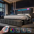 Miniatyrbild 2 av 6: Klädd säng 140x200 med LED sänggavel och USB C laddningsfunktion och 4 lådor, förvaringssäng, grå (med madrass)