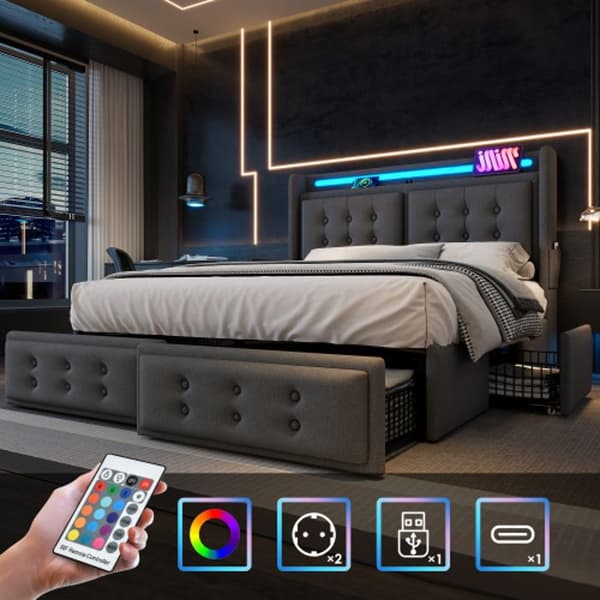 Klädd säng 140x200 med LED sänggavel och USB C laddningsfunktion och 4 lådor, förvaringssäng, grå (med madrass)