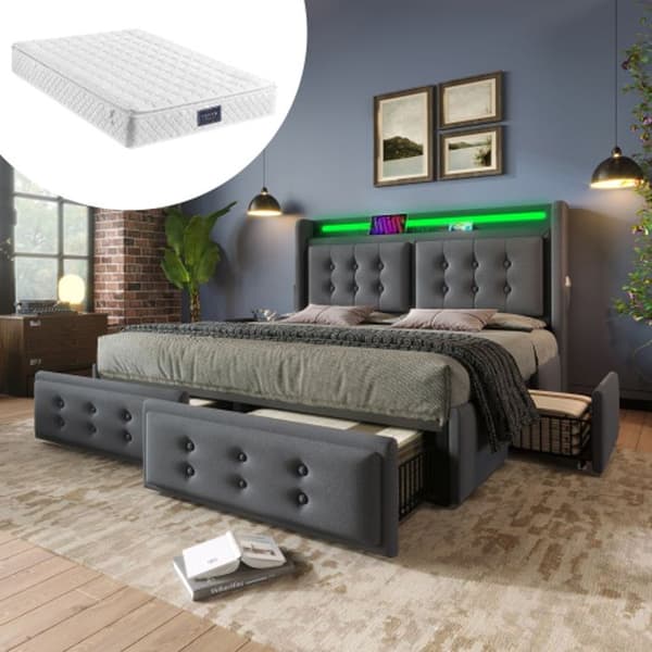 Klädd säng 140x200 med LED sänggavel och USB C laddningsfunktion och 4 lådor, förvaringssäng, grå (med madrass)
