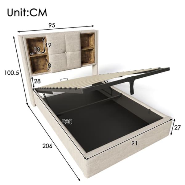 Enkelsäng med USB C trådlös laddning, stoppad säng 90x200cm sängram med förvaringsutrymme (utan madrass)