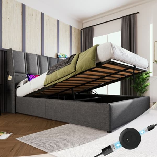 Stoppad säng USB-laddningsuttag 160x200cm, Träribbad, Säng med metallribbad, Grå (med madrass)