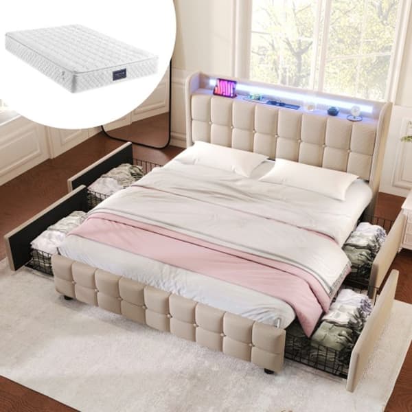Klädd säng med USB och LED-ljus, 4 lådor, 140x200 cm, sängram, träribbad, beige (med madrass)