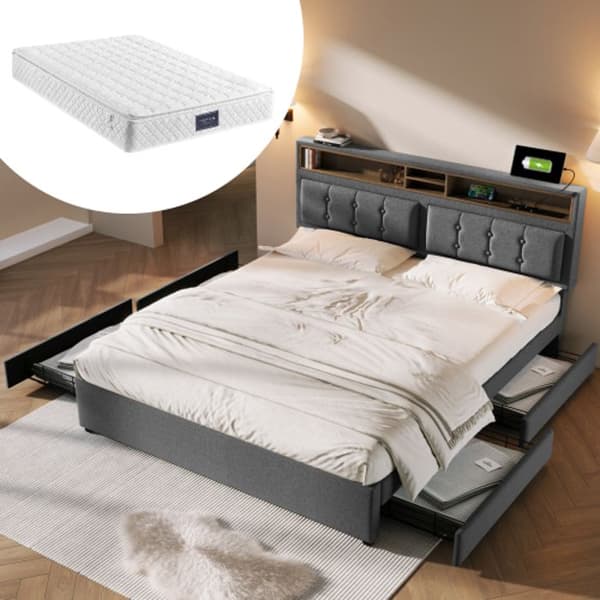 Med 4 lådor och USB C-uttag, 140x200 vadderad säng, höj- och sänkbar sänggavel, Grå träribbor (med madrass)