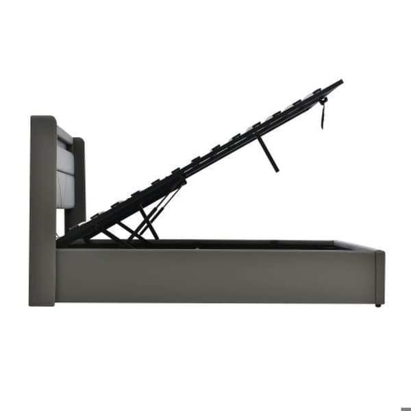 Hydraulisk förvaringssäng med LED-ljusstång, dubbelsäng Stoppad säng 140x200cm, grå (med fjärrkontroll)
