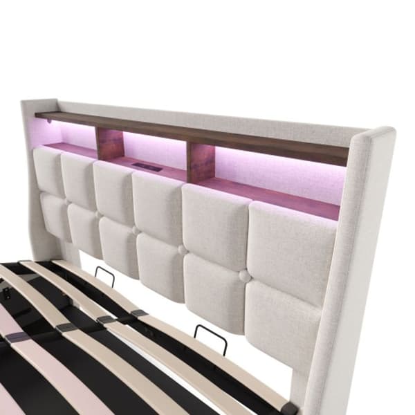 Klädd säng med USB 180x200cm, LED-dubbelsäng med metallribbad (utan madrass)