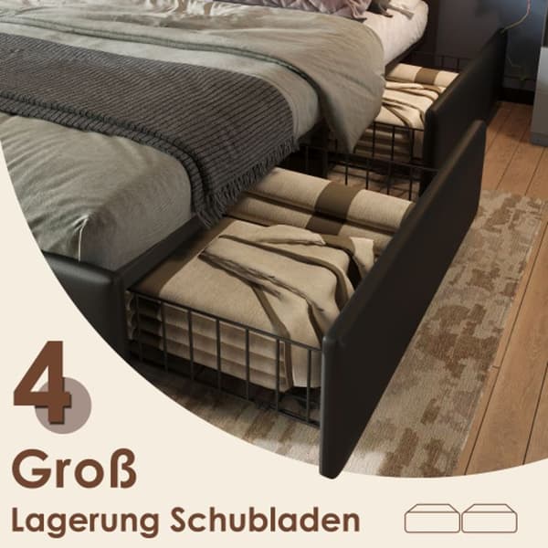 Sängstomme med LED-ljusstång och 4 lådor, 160x200 cm, höj- och sänkbar sänggavel, svart PU (med madrass)