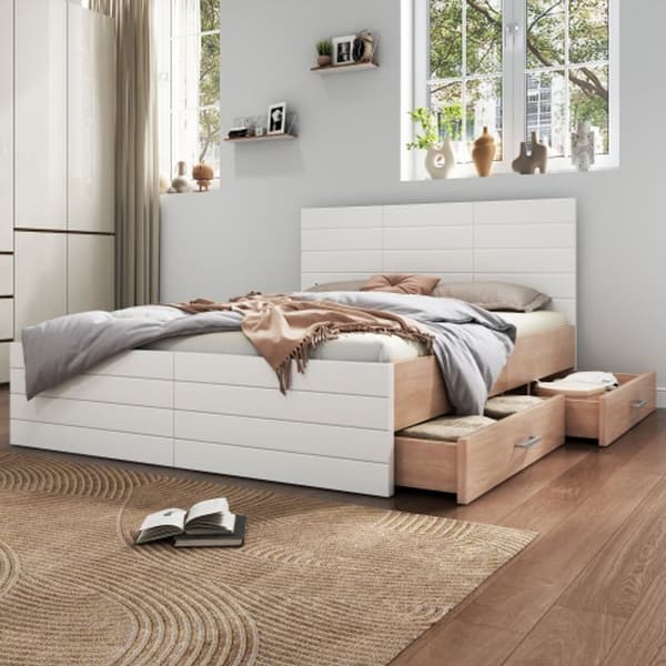 Dubbelsäng (180 x 200 cm, med 2 lådor), massivt trä, med sängram och lamellbotten, vitt set utan madrass