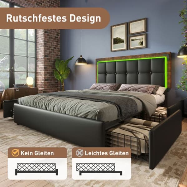 LED-ljusstång och 4 lådor, stoppad dubbelsäng, 140x200 cm, justerbar sänggavel, svart PU (utan madrass)