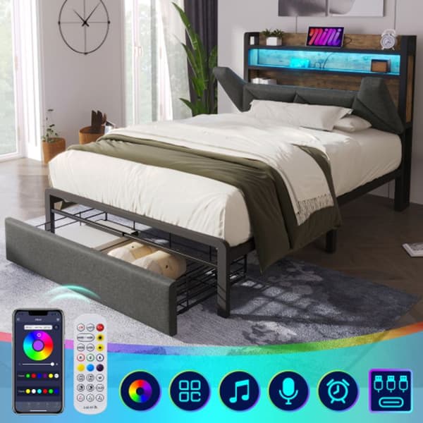 Infällbar sänggavel med USB Typ C med LED-belysning och lådor, enkelsäng 90 x 200, grå (med madrass)