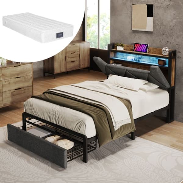 Infällbar sänggavel med USB Typ C med LED-belysning och lådor, enkelsäng 90 x 200, grå (med madrass)