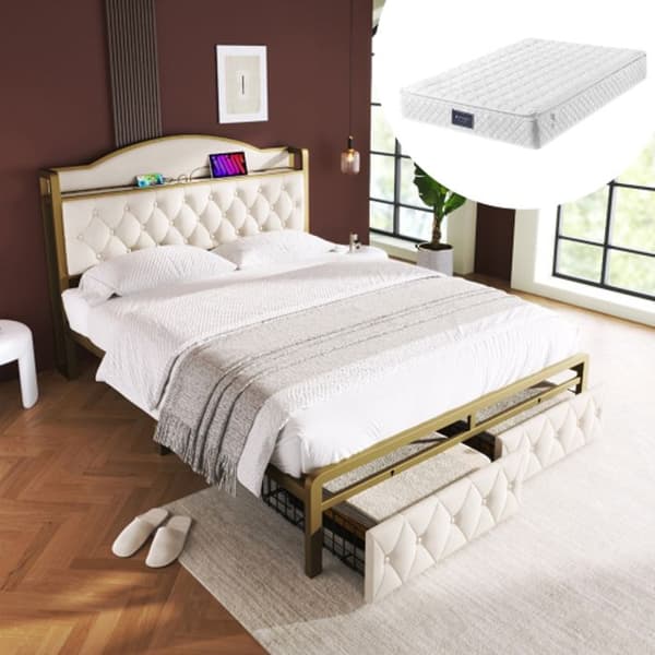 Klädd säng med USB Type C laddningsfunktion och lådor, förvaringssäng 140 x 200 sängram, ljus beige (med madrass)