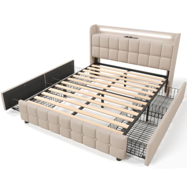 Klädd säng med USB-laddningsfunktion, LED-belysning och 4 lådor, dubbelsäng, 180x200 cm, beige (utan madrass)