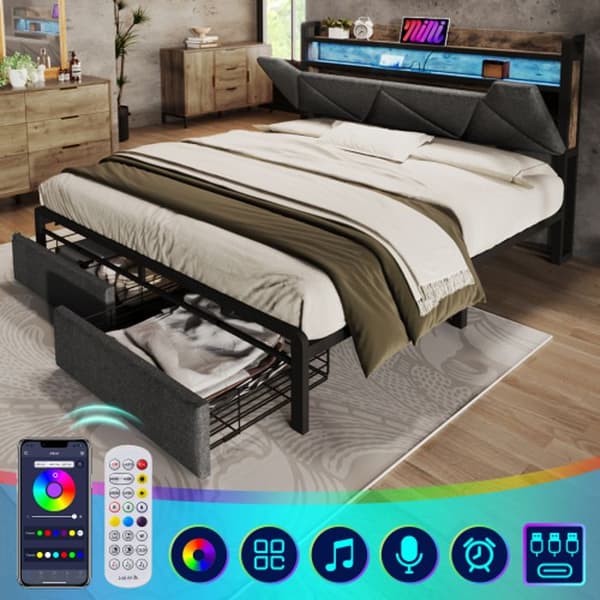 Lits med vadderad sänggavel med USB Type C-laddare, förvaringssänggavel med LED-belysning och lådor, 160x200 grå (utan madrass)