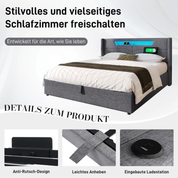 Lits LED tapissés med förvaring och USB Typ C och LED-belysning Sängbotten med lameller (utan madrass) 140x200