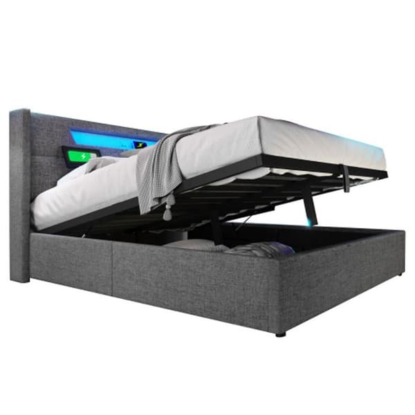 Lits LED tapissés med förvaring och USB Typ C och LED-belysning Sängbotten med lameller (utan madrass) 140x200