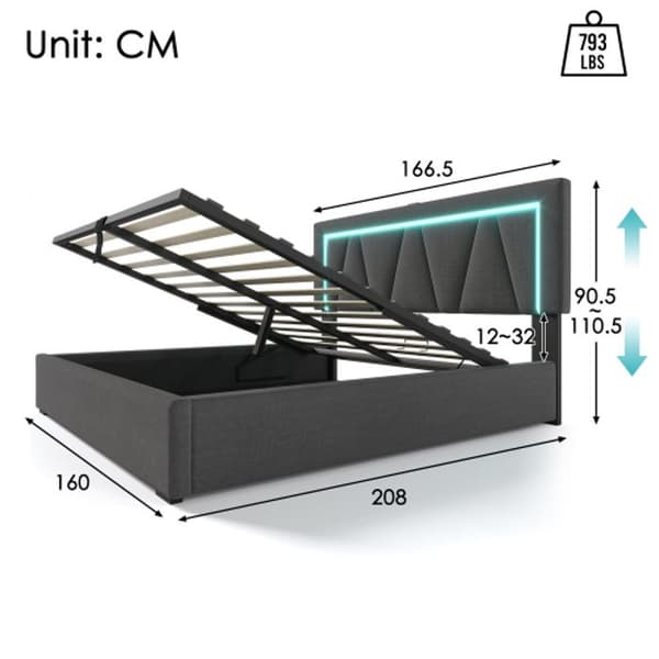Klädd LED-säng med USB Typ C och LED-belysning, 160x200 linne sängram med lamellbotten (med madrass)