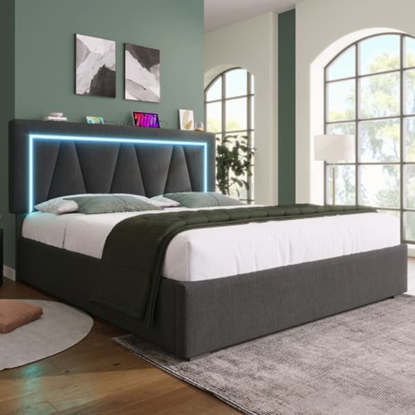 Klädd LED-säng med USB Typ C och LED-belysning, 160x200 linne sängram med lamellbotten (med madrass)