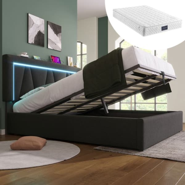 Klädd LED-säng med USB Typ C och LED-belysning, 160x200 linne sängram med lamellbotten (med madrass)