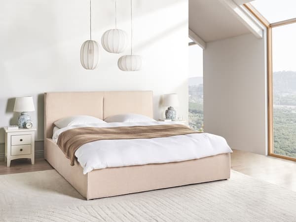 Seng med oppbevaring Beige Bouclé 180 x 200 cm Lamellramme Sengegavl Moderne Minimalistisk Dobbeltseng Soverom