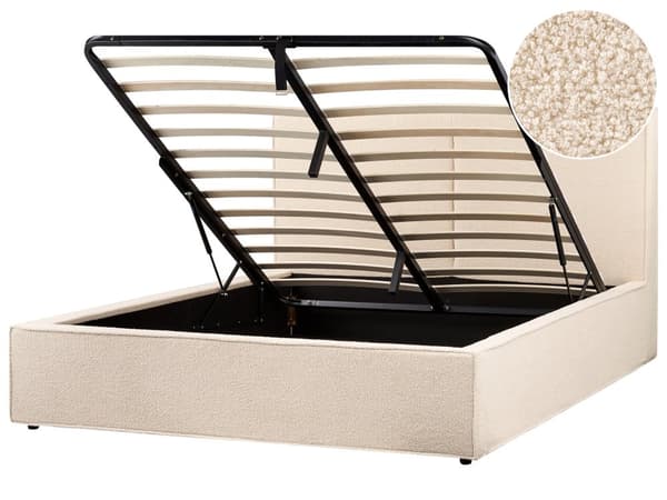 Seng med oppbevaring Beige Bouclé 160 x 200 cm Lamellramme Sengegavl Moderne Minimalistisk Dobbeltseng Soverom