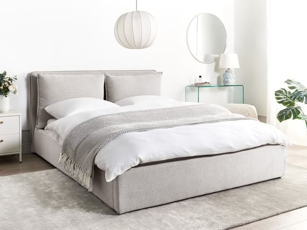 Ottomansk Seng 160 x 200 cm Lysegrått Stoff Polstret Ramme Pute Rygg Oppbevaring Koselig Soverom Moderne