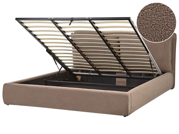 Seng med oppbevaring Boucle Taupe 180 x 200 cm Polstret sengeramme Sengegavl Oppbevaringsplass Soverom Moderne Skandinavisk