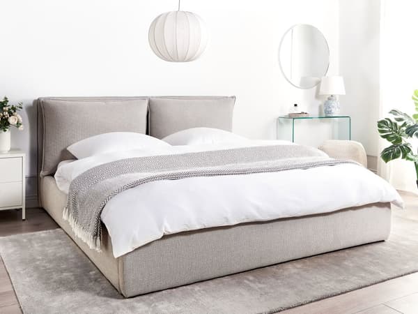 Ottomansk Seng 180 x 200 cm Lysegrått Stoff Polstret Ramme Pute Rygg Oppbevaring Koselig Soverom Moderne