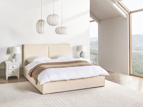 Seng Beige Boucle 160 x 200 cm Moderne To Mands Seng med Opbevaring Blød Sengegavl Dobbeltseng Sengeramme Retro Design