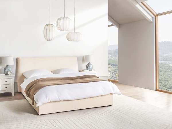 Seng Beige Boucle 160 x 200 cm Moderne To Mands Seng med Opbevaring Blød Sengegavl Dobbeltseng Sengeramme Retro Design