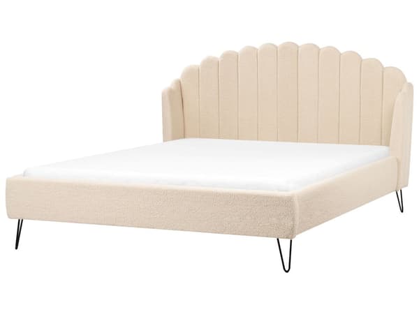 Sengeramme Beige Bouclé 180 x 200 cm Metallben Skjellformet sengegavl Retro og glamorøs stil Dobbeltseng Soverom