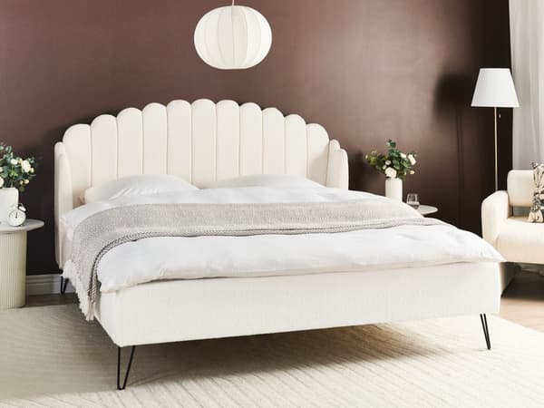 Seng Beige Boucle 180 x 200 cm Moderne To Mands Blød Sengegavl Dobbeltseng Sengeramme Retro Design Stofseng Plys