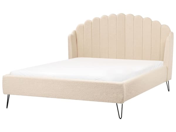 Seng Beige Boucle 160 x 200 cm Moderne To Mands Blød Sengegavl Dobbeltseng Sengeramme Retro Design Stofseng Plys