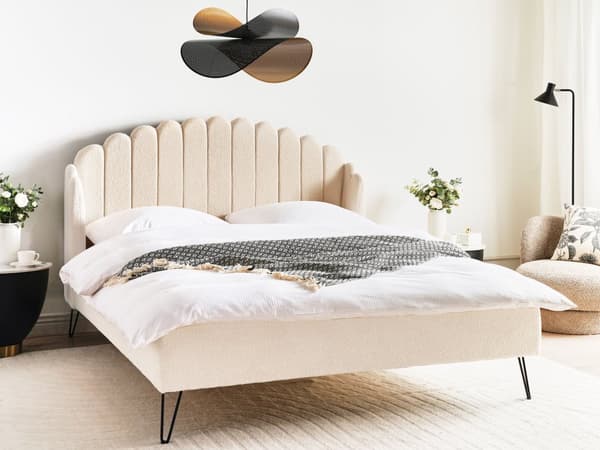 Seng Beige Boucle 160 x 200 cm Moderne To Mands Blød Sengegavl Dobbeltseng Sengeramme Retro Design Stofseng Plys