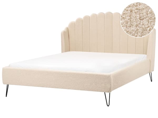 Seng Beige Boucle 160 x 200 cm Moderne To Mands Blød Sengegavl Dobbeltseng Sengeramme Retro Design Stofseng Plys