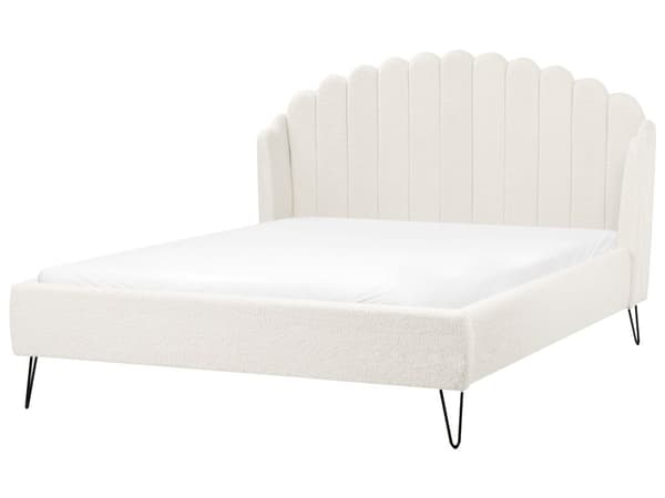 Seng Off White Boucle 140 x 200 cm Dekorativ Tre Kvart Seng med Sengegavl Halvanden Mands Kvalitetseng Stofseng Teenageværelse