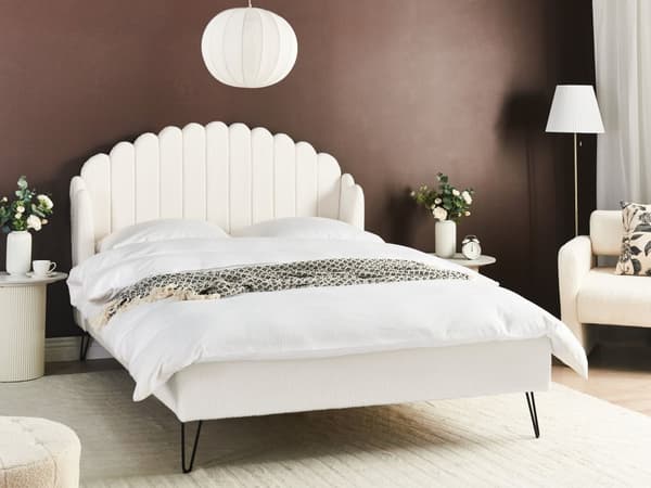 Seng Off White Boucle 140 x 200 cm Dekorativ Tre Kvart Seng med Sengegavl Halvanden Mands Kvalitetseng Stofseng Teenageværelse
