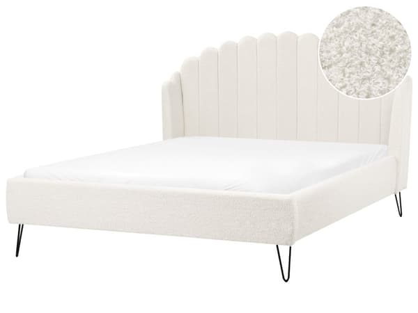 Seng Off White Boucle 140 x 200 cm Dekorativ Tre Kvart Seng med Sengegavl Halvanden Mands Kvalitetseng Stofseng Teenageværelse