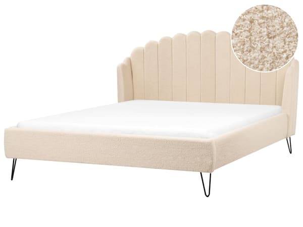 Seng Beige Boucle 180 x 200 cm Moderne To Mands Blød Sengegavl Dobbeltseng Sengeramme Retro Design Stofseng Plys